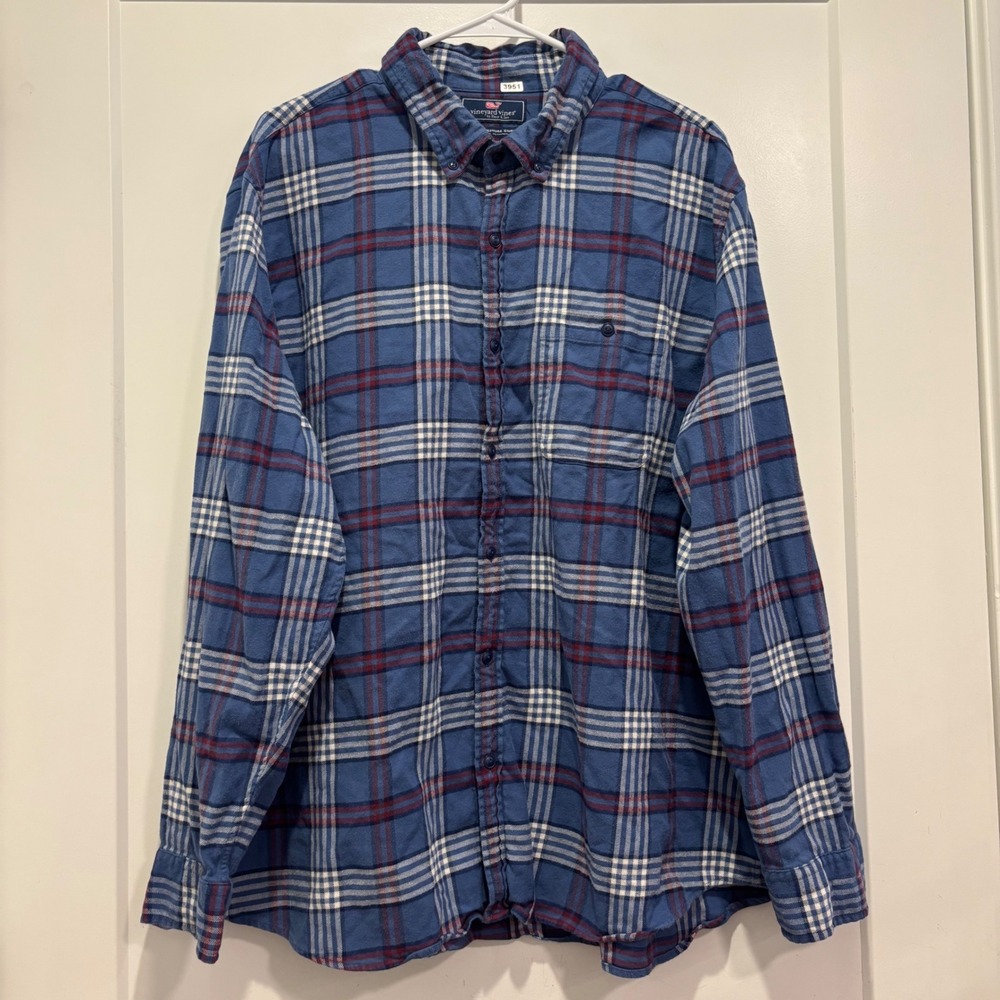 Vineyard Vines Slim Longshore Shirt Mens XL Blue Plaid Cotton Blend Button Down